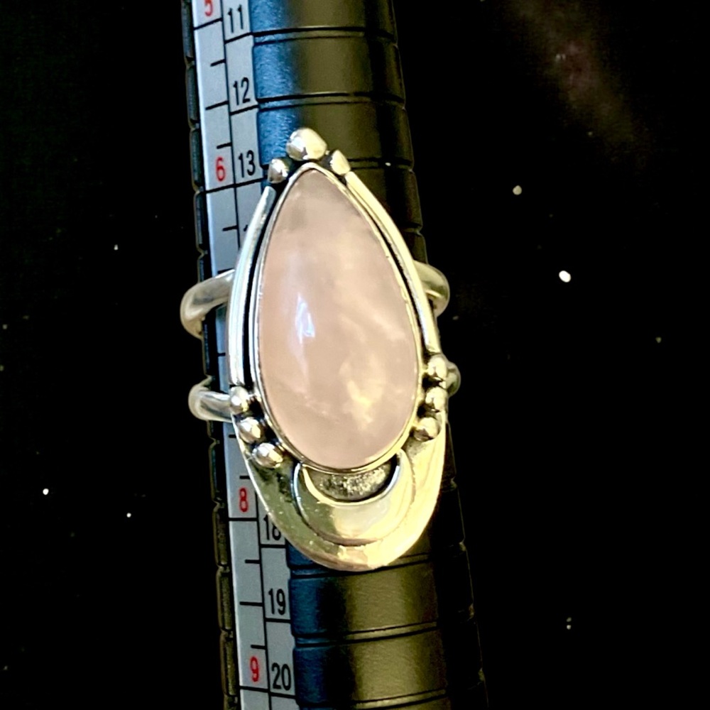 Lunar Rose Quartz Crescent Moon Ring, SS 925, SZ 7 - Picture 2 of 7